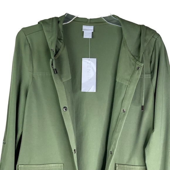 Chico’s New Polished Hooded Olive Colored Snap Front Closure Jacket w Pockets M - Picture 8 of 10